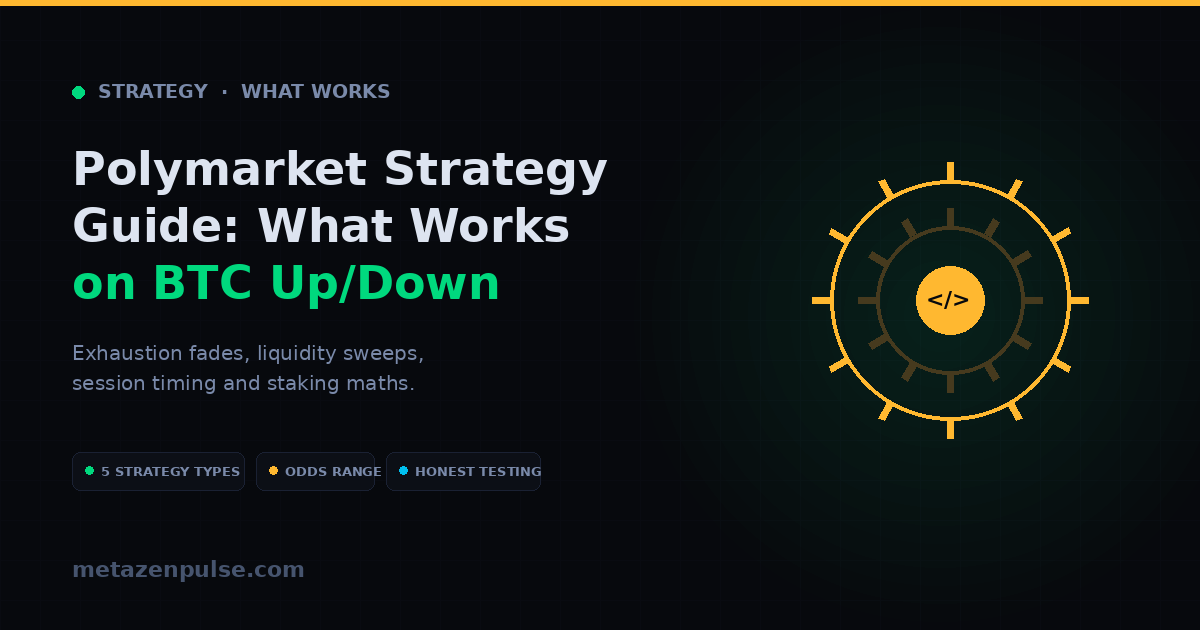 Polymarket strategy guide — momentum fades, liquidity sweeps, session timing and odds discipline for BTC Up/Down markets